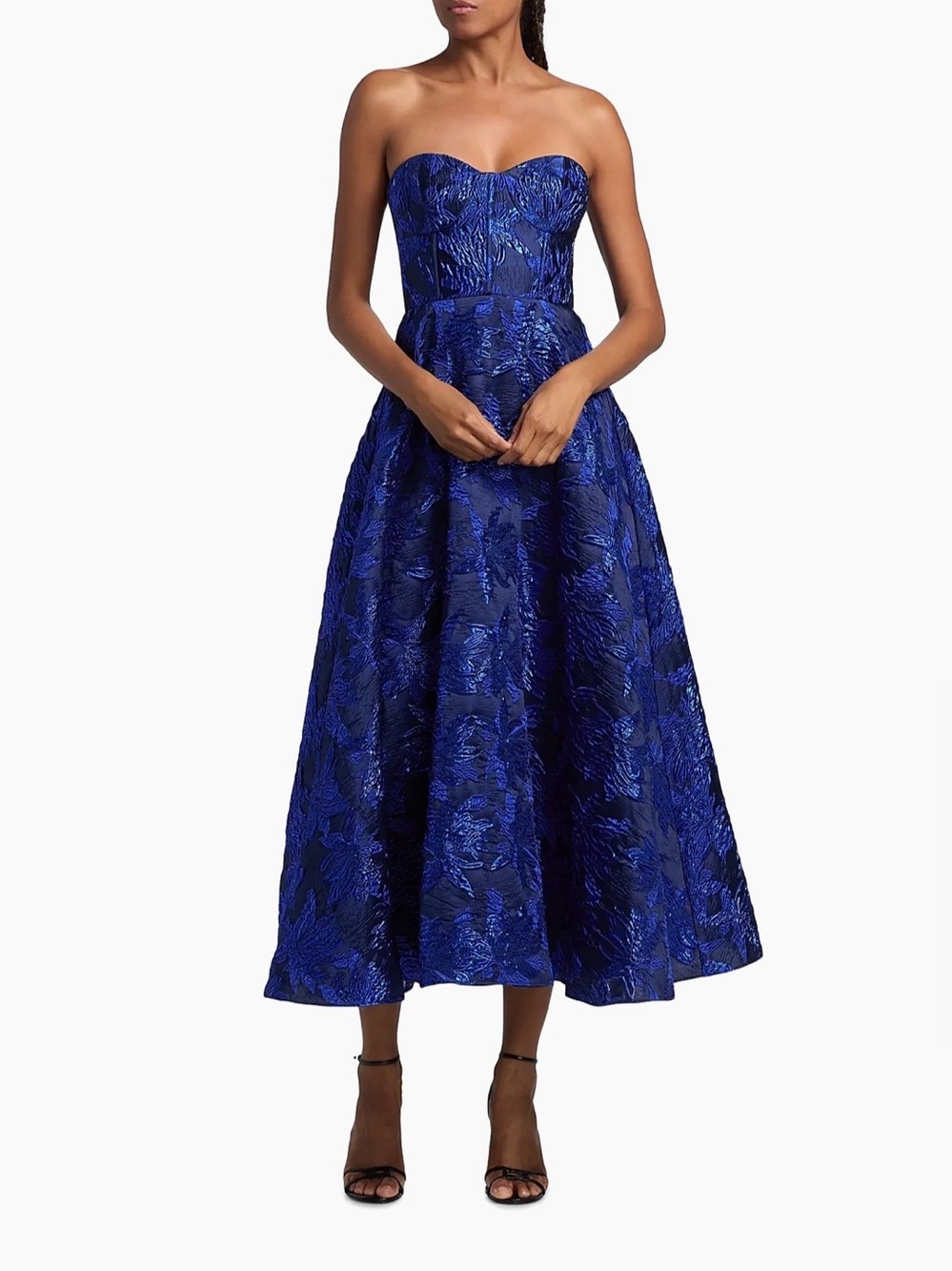As It May Livia Strapless Jacquard Sweetheart Midi Dress in Cobalt Blue